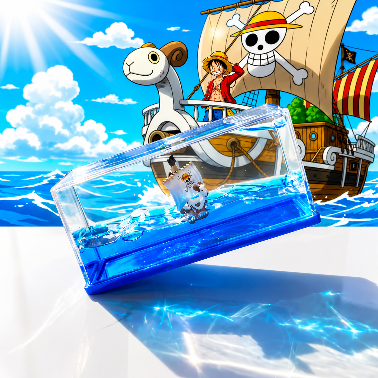 One Piece Going Merry Floating, Thousand Sunny Ship in Fluid Liquid Desk Decor